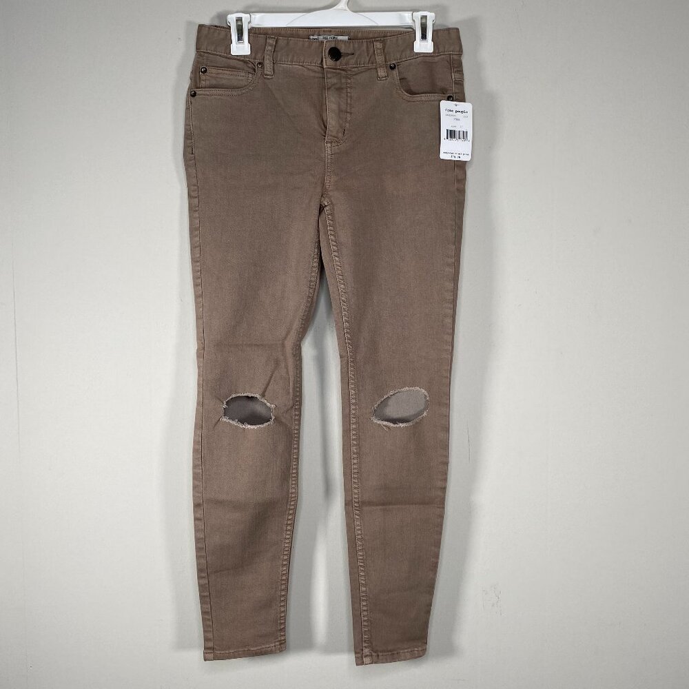 Free People Skinny Denim Jeans Women's 27 Steel Taupe Distressed Pants NWT